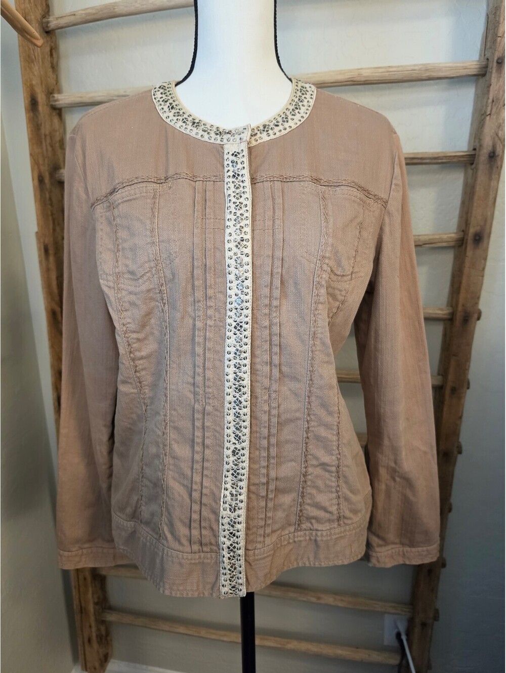 Chico's Women's Beige Long Sleeve Jacket with Studded Trim Size 2